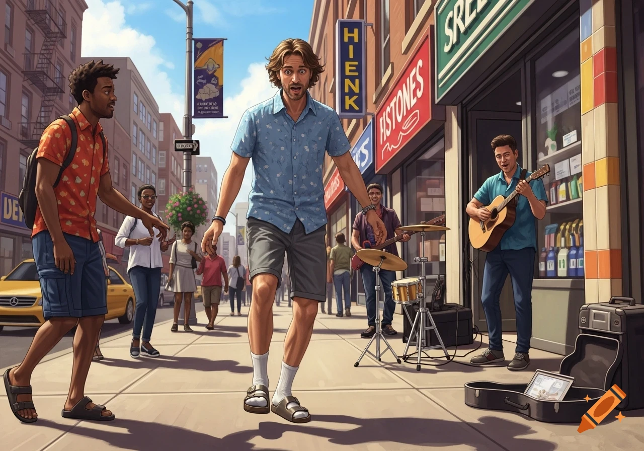 An illustrated scene of a man in socks and sandals looking surprised on a city street while another man points, with musicians busking nearby.