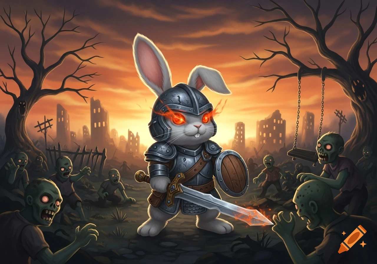 A cute bunny warrior in armor with glowing red eyes holds a sword and shield, facing green zombies in a ruined city at sunset.