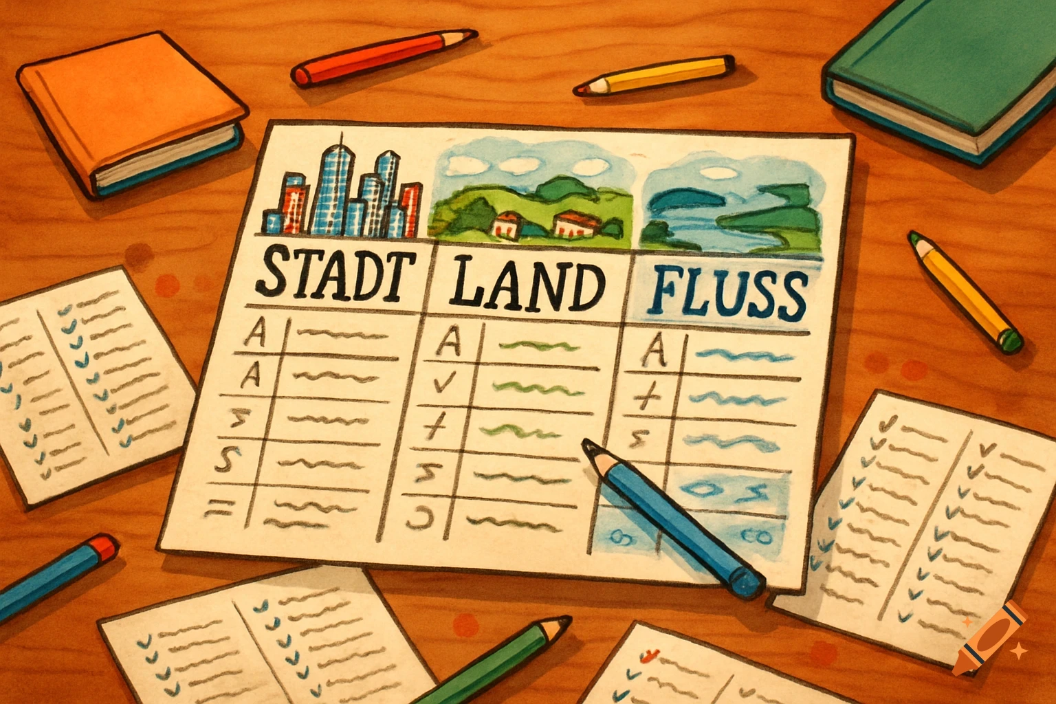 Watercolor illustration of a 'Stadt Land Fluss' game sheet on a wooden table with pencils and notebooks.