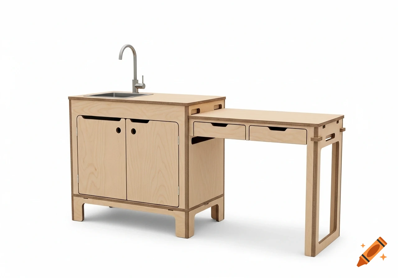 Photorealistic image of a portable plywood camping chuck box with an integrated sink and a detachable benchtop with two drawers, on a white background.