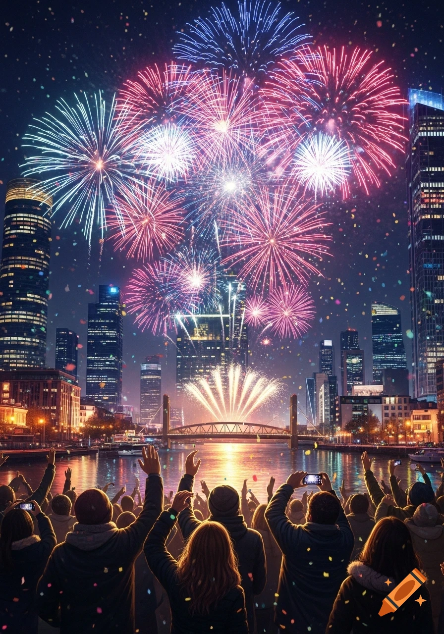 A large crowd views colorful fireworks exploding over a river and city skyline at night, with confetti falling.