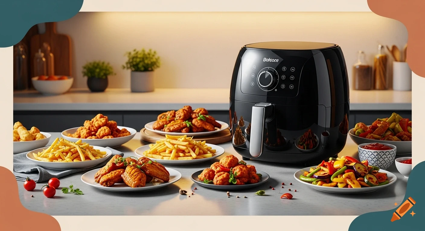 A black air fryer on a kitchen counter surrounded by plates of fried chicken, french fries, and stir-fried vegetables.