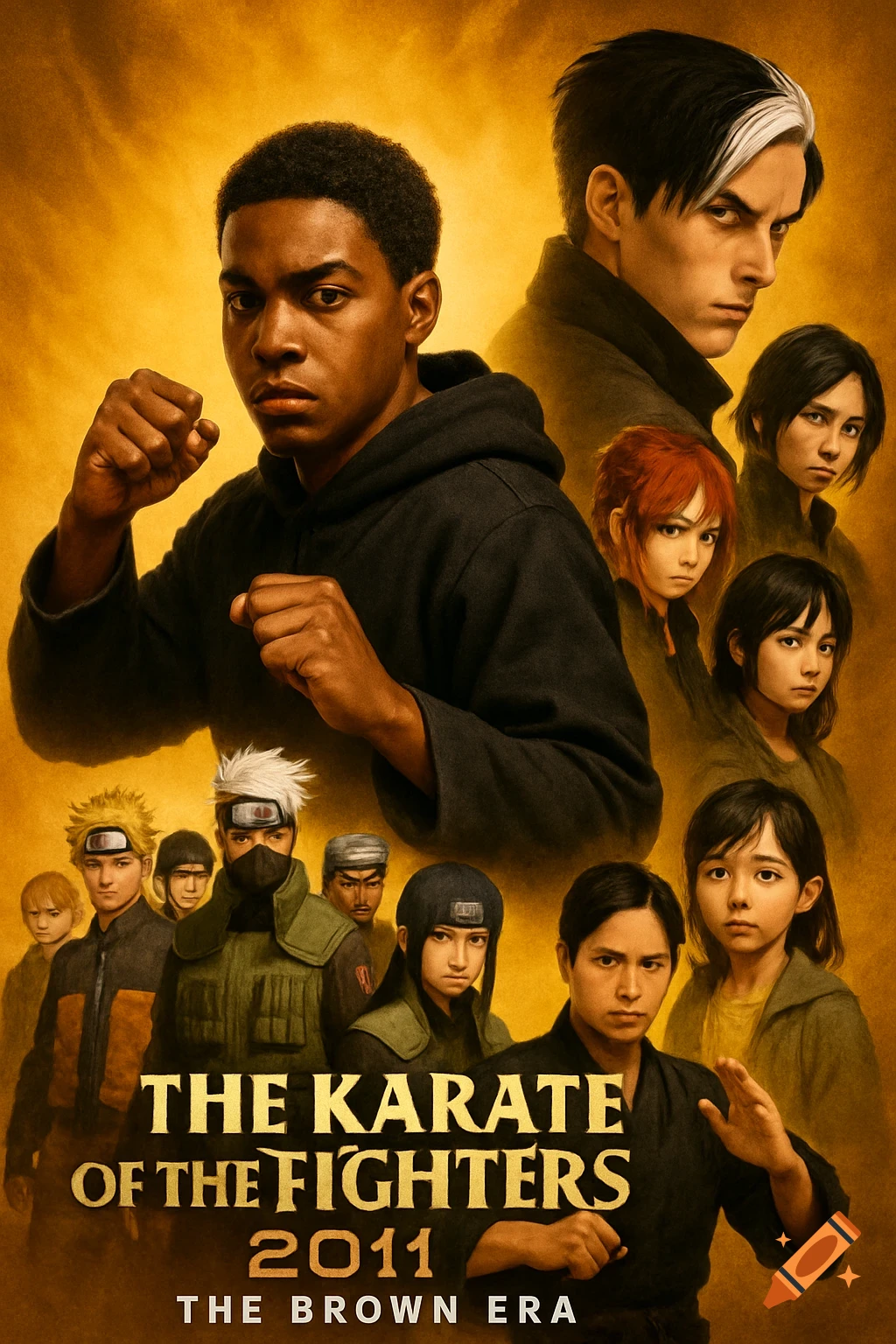 Movie poster featuring a Black man in a fighting stance, surrounded by diverse characters, with the title 'The Karate of the Fighters 2011: The Brown Era' on a golden background.