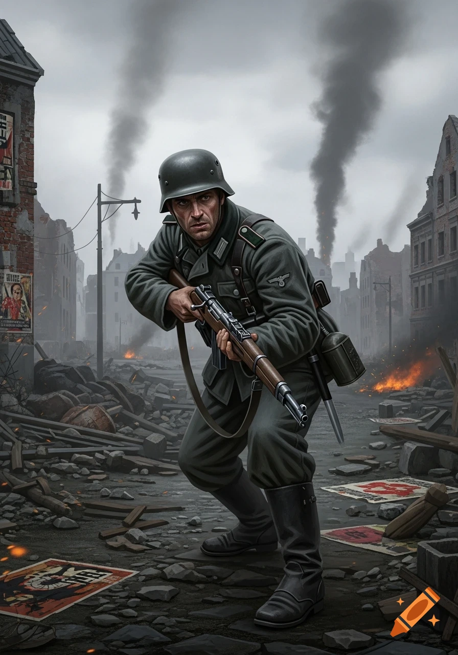 A stoic WWII German soldier in a helmet and uniform, holding a rifle, kneels amidst the rubble of a bombed city under a smoky sky. Photorealistic style.