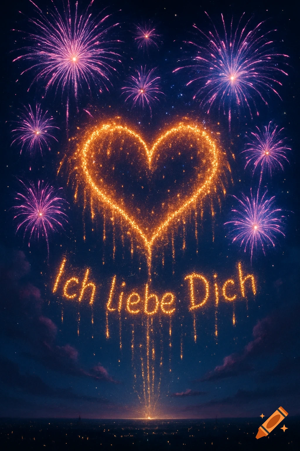 A vibrant heart-shaped fireworks display with pink and purple fireworks, spelling out "Ich liebe Dich" in shimmering golden sparks against a dark night sky over a city skyline.