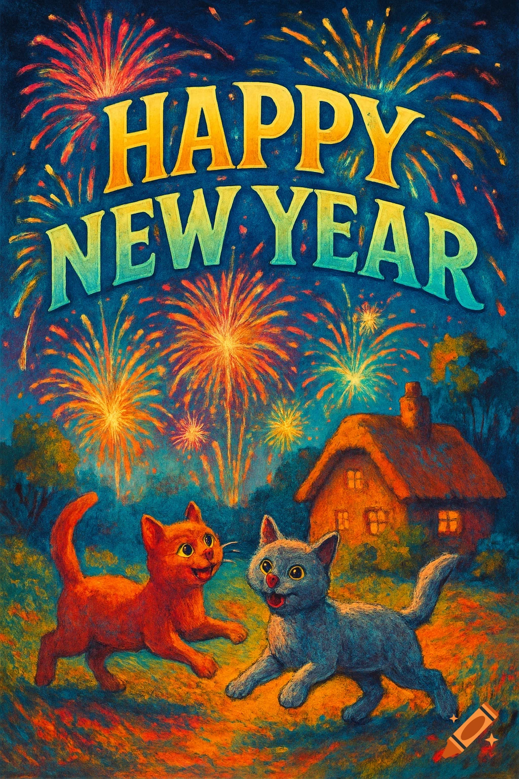 Two stylized cats in front of a cottage, under a sky filled with colorful fireworks and text 'HAPPY NEW YEAR' in a vibrant, painterly style.