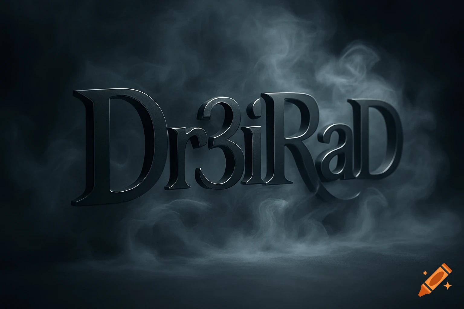 3D rendered metallic text 'Dr3iRaD' surrounded by dark smoke.