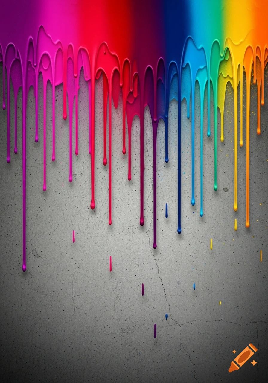Vibrant rainbow-colored paint drips down a textured concrete wall, creating a dynamic and colorful effect.