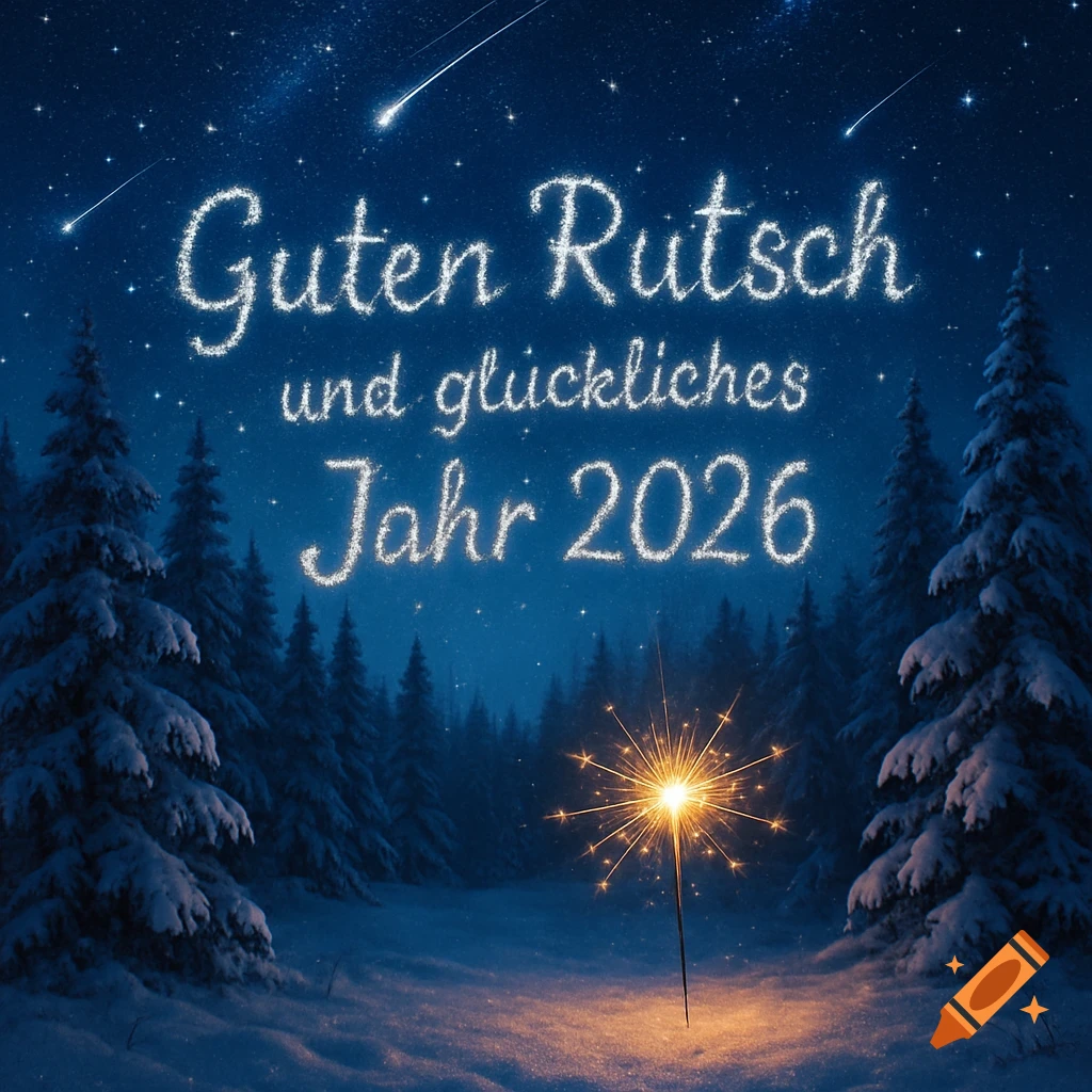 A serene winter night in a snowy forest under a star-filled sky with shooting stars and a lit sparkler, displaying glittering text "Guten Rutsch und glückliches Jahr 2026".