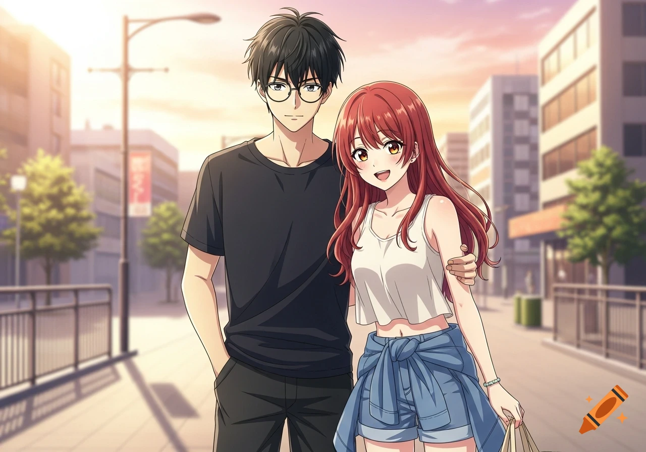 Anime couple walking arm-in-arm on a city street at sunset, boy in dark shirt and glasses, girl in tank top and jorts.