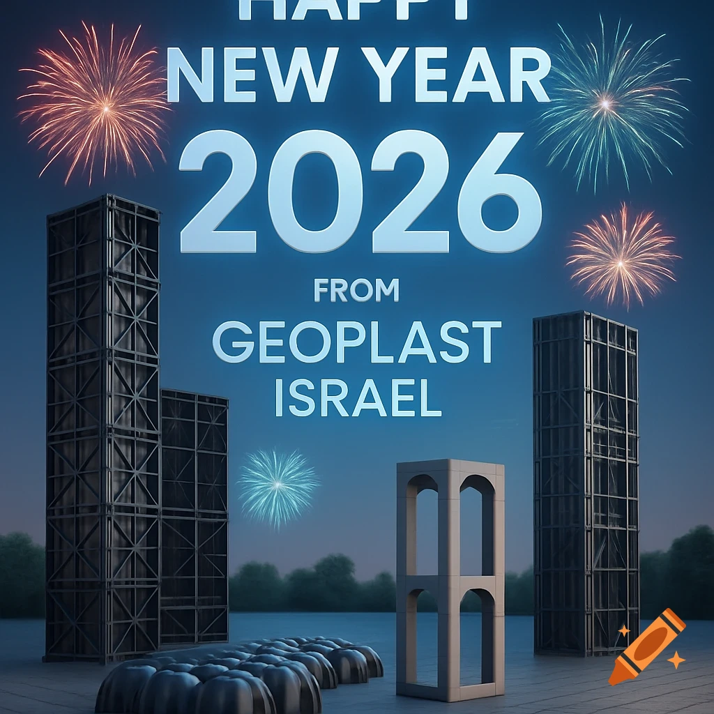 A New Year 2026 greeting with fireworks exploding above industrial structures under a blue sky, text reads "Happy New Year 2026 From Geoplast Israel".
