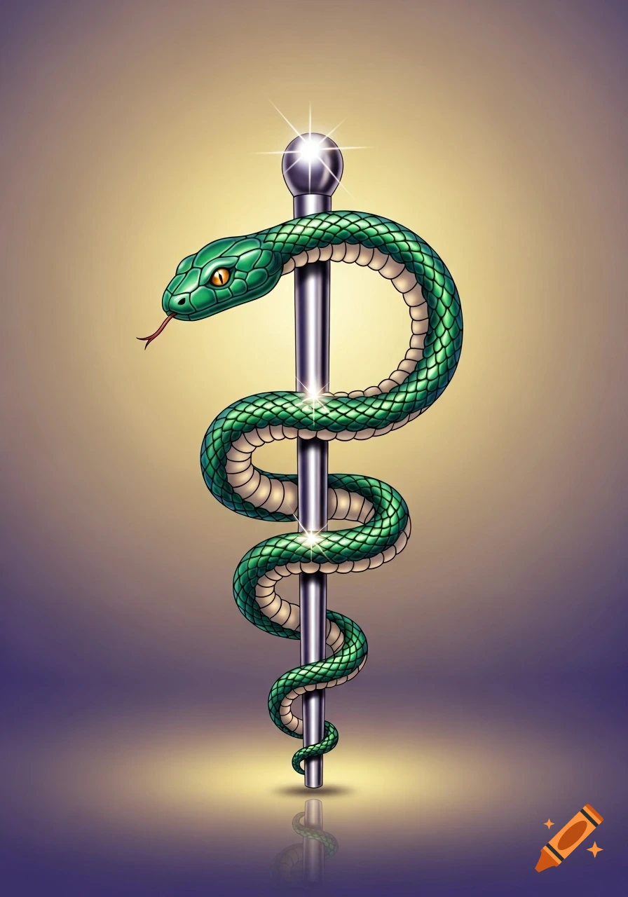 A green snake with scales wrapped around a shiny silver staff, the Rod of Asclepius, against a gradient background.