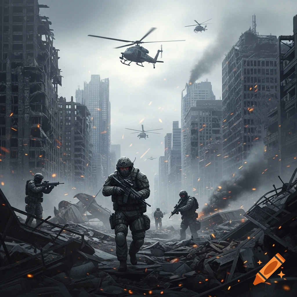 Modern soldiers walk through a destroyed city, rubble and smoke everywhere, with helicopters flying overhead, in a dramatic, dark style.