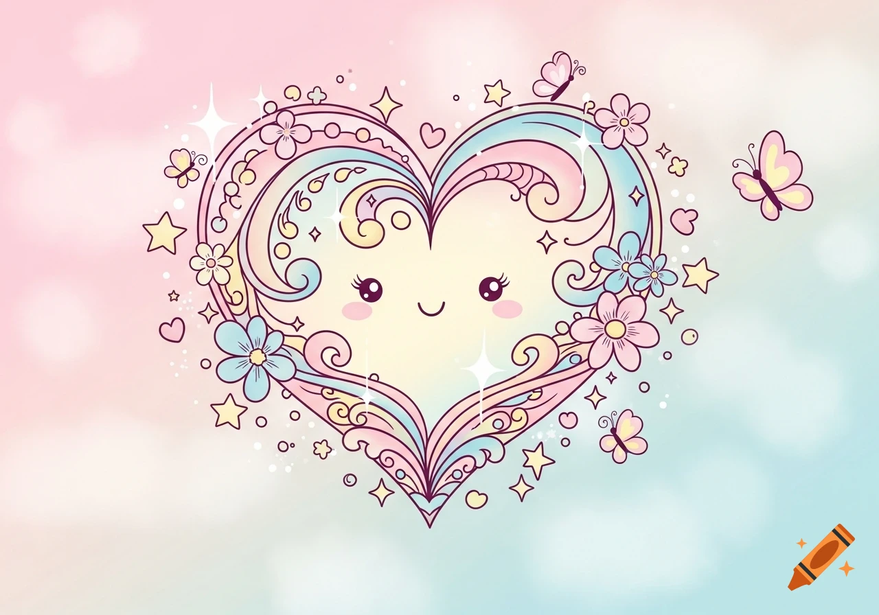Cute pastel illustration of a decorative heart with a smiling face, adorned with flowers and butterflies.