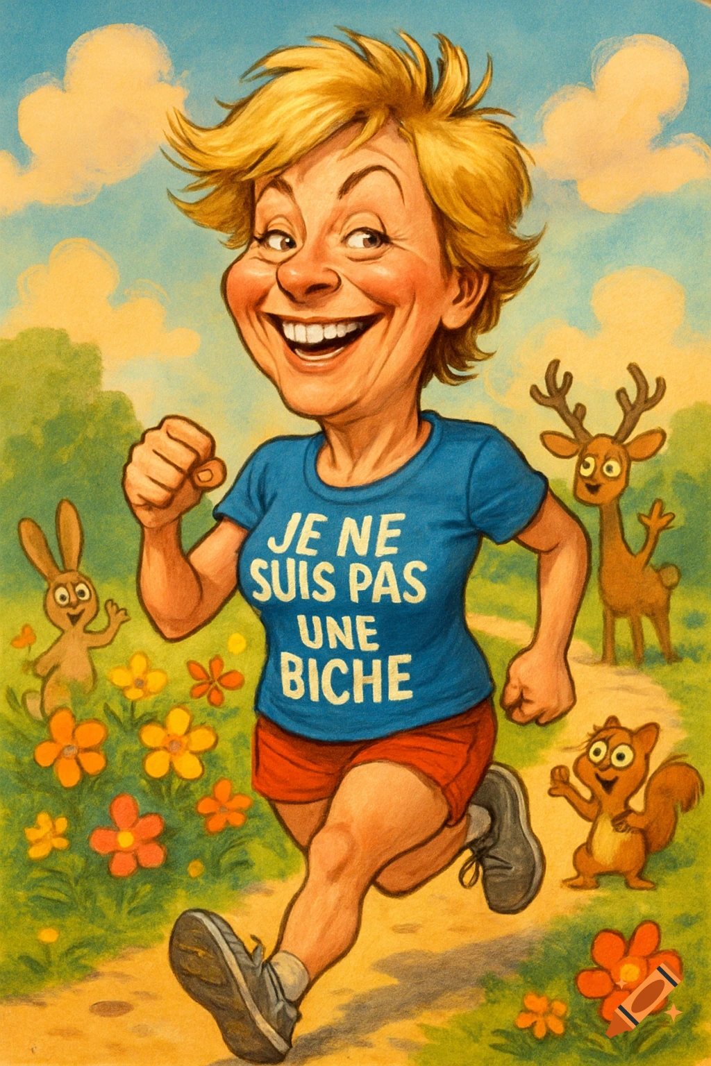 Caricature of a smiling blonde woman jogging in a blue shirt with 'JE NE SUIS PAS UNE BICHE' text, alongside a rabbit, deer, and squirrel.