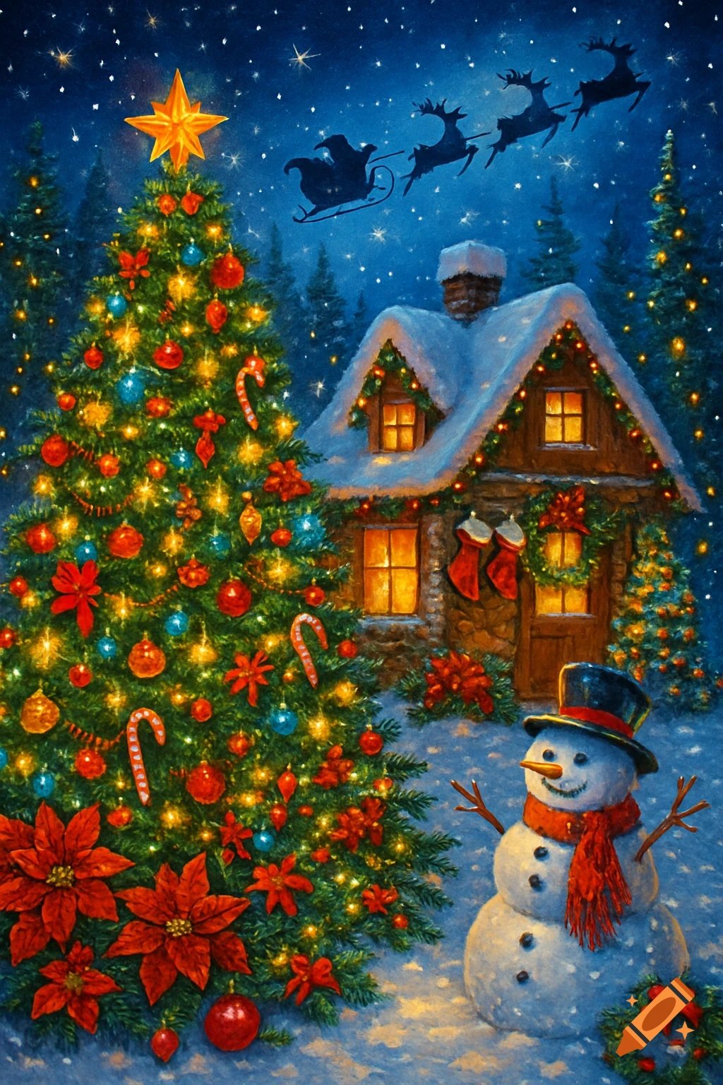 A vibrant Christmas painting showing a decorated tree, a snow-covered cottage, a snowman, and Santa's sleigh flying across a starry night sky.