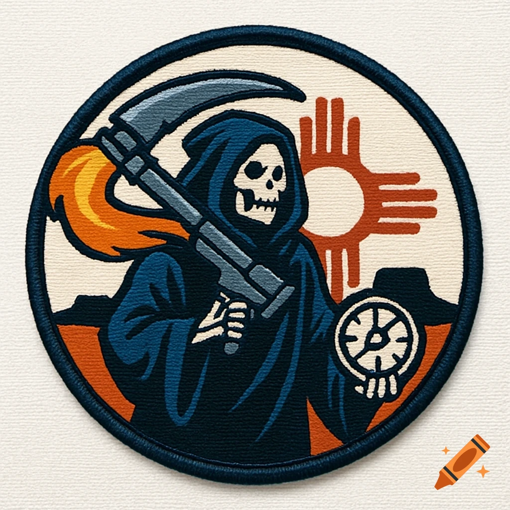 Embroidered patch of a grim reaper with a rocket scythe and a compass, featuring a New Mexico Zia sun symbol and desert mesa.