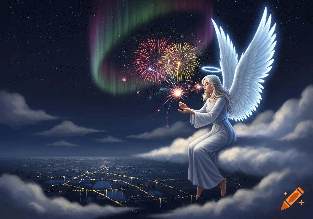 An angel with white wings sits on a cloud, holding a sparkler, with colorful fireworks and aurora borealis in the night sky over city lights.