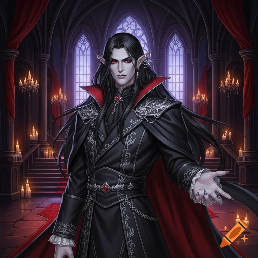 A male vampire lord with long black hair, red eyes, and pointed ears, dressed in a dark, ornate coat with a red cape, stands in a gothic castle with an outstretched hand.