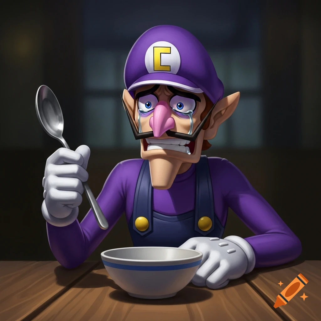 Waluigi, with an 'L' on his purple hat, cries while holding a spoon and looking at an empty bowl on a wooden table.