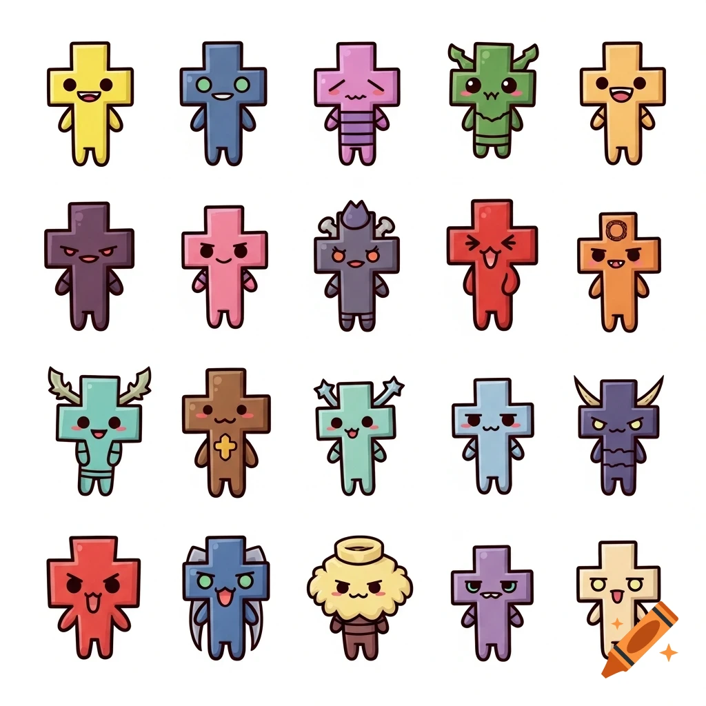 A grid of 20 colorful chibi-style cartoon characters, each shaped like a cross with diverse faces and details, on a white background.