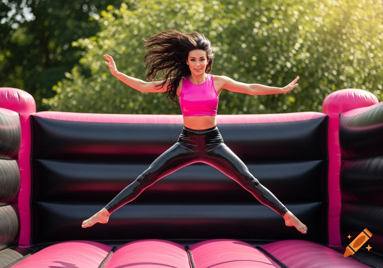 A brunette woman in a pink crop top and black latex leggings does a star jump on a pink and black bouncy castle.