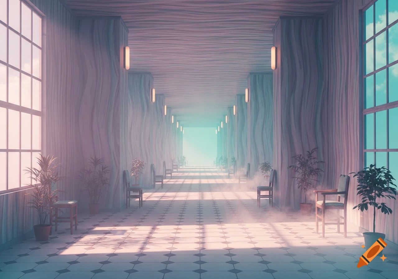 A long, pastel-colored liminal space hallway with windows, potted plants, and chairs, featuring a hazy dreamcore aesthetic.