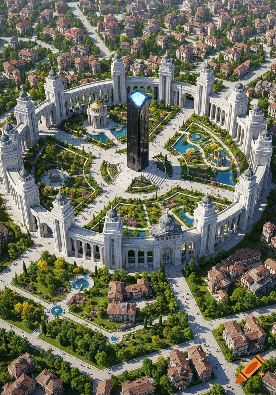 Aerial view of a grand fantasy city with circular white marble towers ...