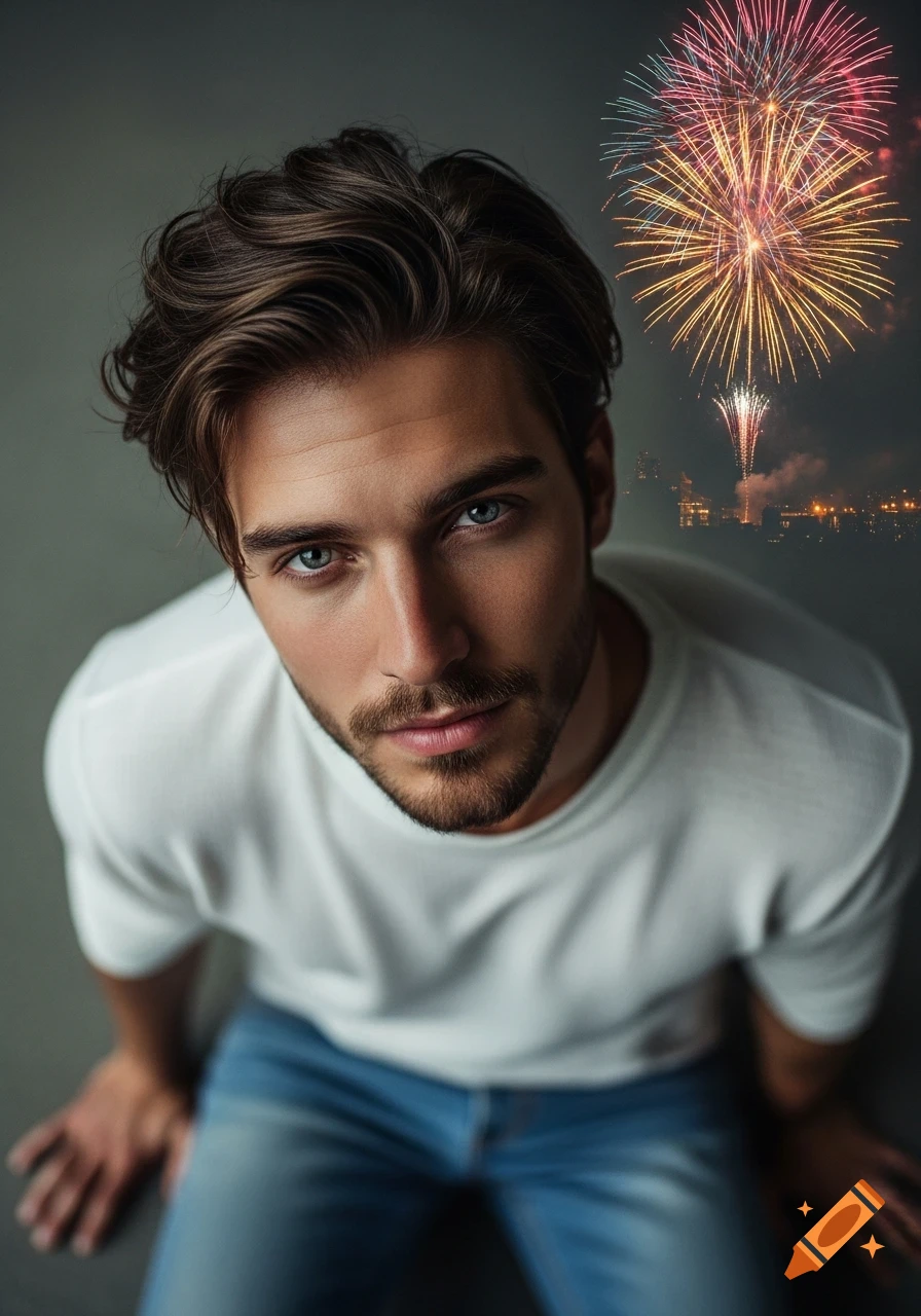 Photorealistic, high-angle portrait of a man with blue eyes, brown hair, and a beard, wearing a white t-shirt and jeans, looking up at fireworks over a city skyline at night.