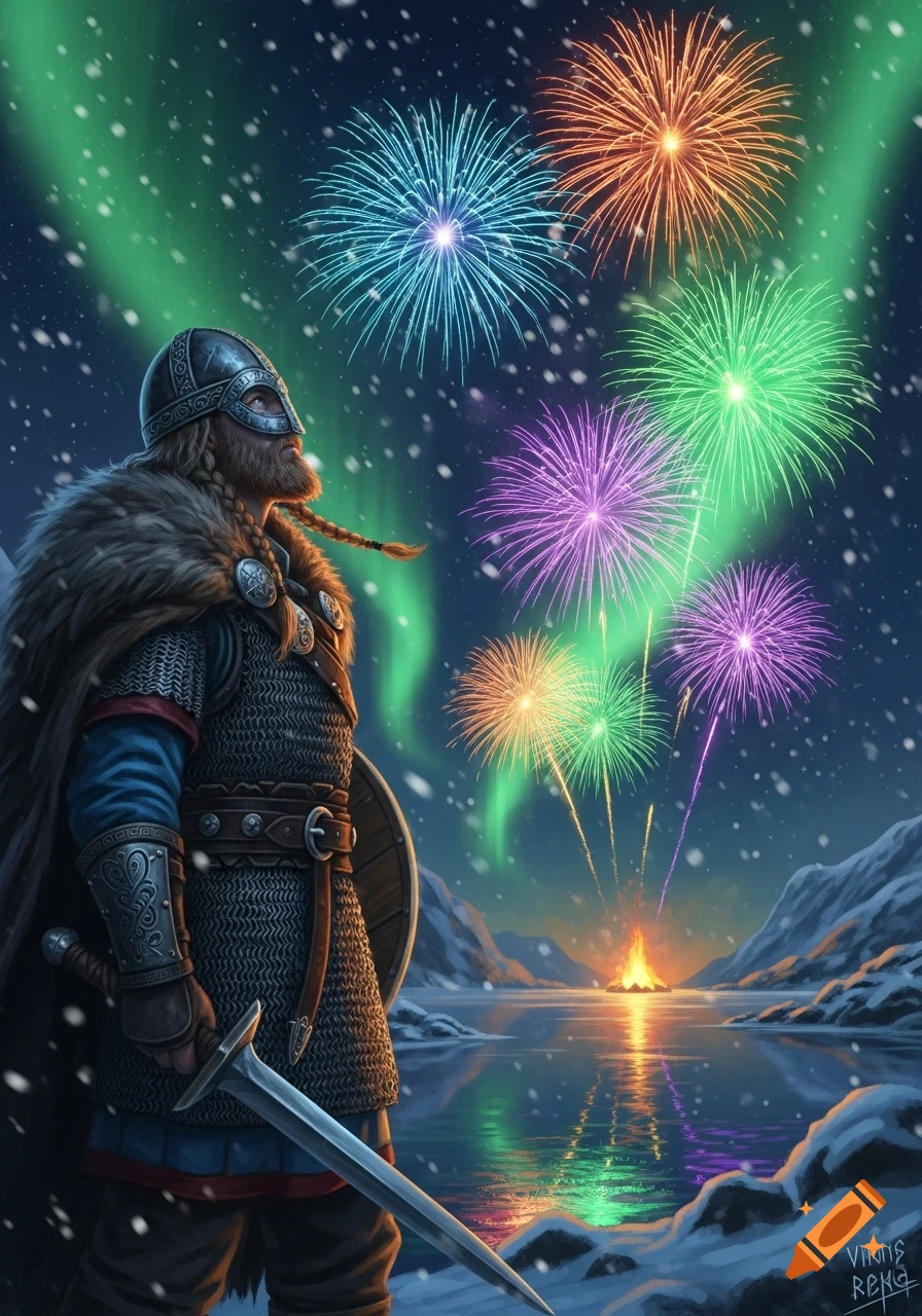 A Viking warrior in armor and fur cloak stands in a snowy landscape with a frozen lake, looking up at colorful fireworks and the aurora borealis.