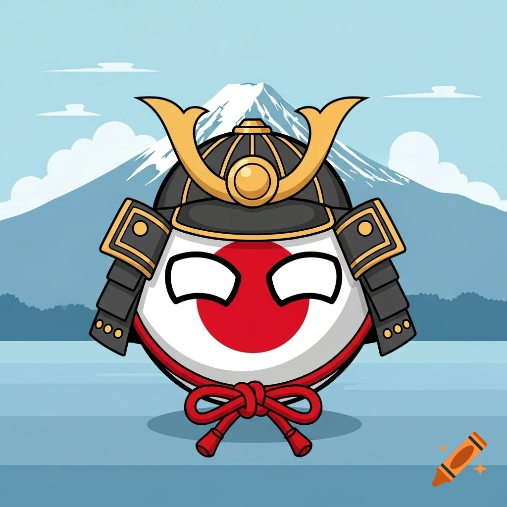 A cartoon Japan Countryball character wearing samurai armor stands in front of a snowy Mount Fuji under a blue sky.