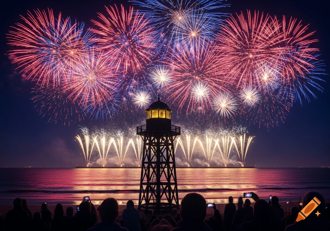Photorealistic night scene of colorful fireworks exploding above a lighthouse on a beach, with a crowd watching.