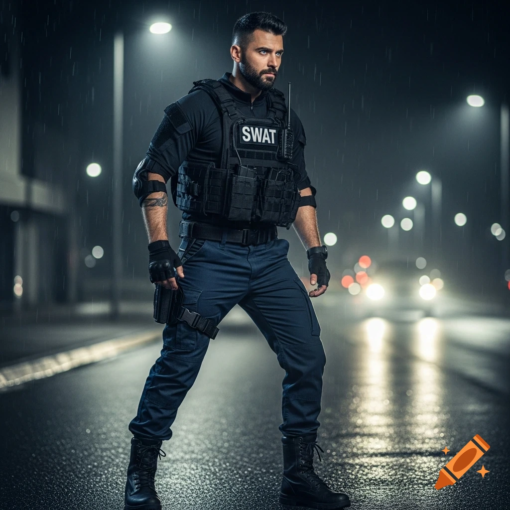 A man in a SWAT uniform with a beard and dark hair stands on a wet street at night, with blurred streetlights and car lights in the background.