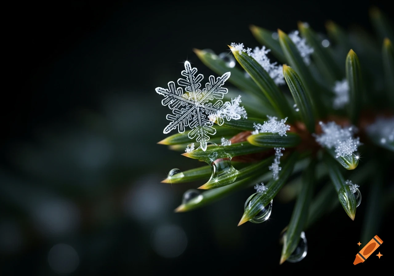 Close-up of a delicate, crystalline snowflake resting on a green evergreen needle with water droplets, against a dark background.