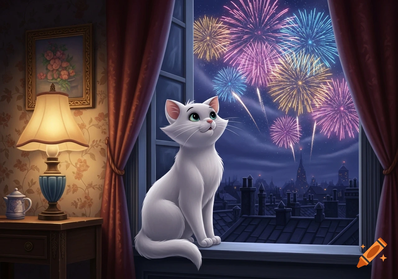 A white animated cat sits on a window sill, looking up at colorful fireworks over a cityscape at night.