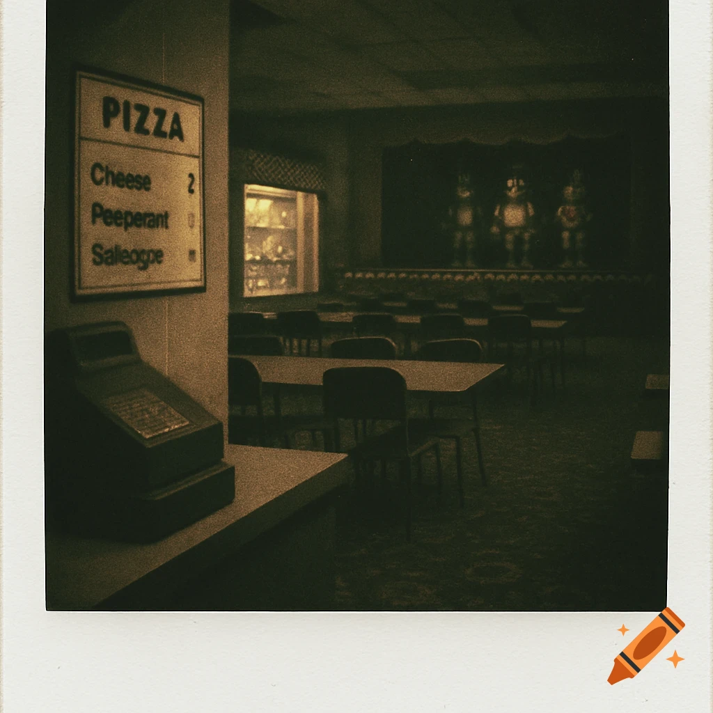 Dark, grainy Polaroid photo of an empty, eerie pizza restaurant with a menu, cash register, and animatronics on a stage.