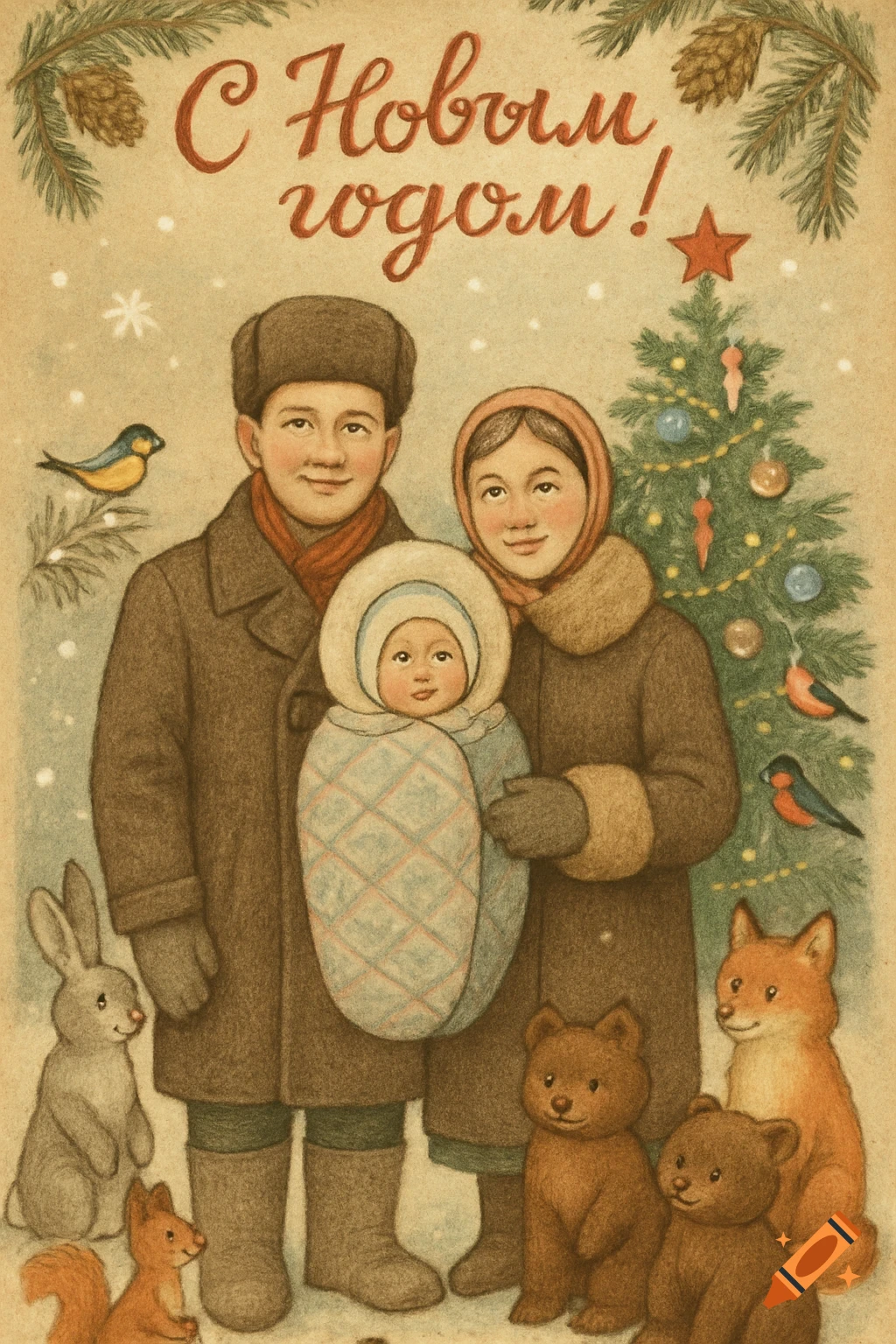 A vintage Soviet-style illustration of a family with a baby, surrounded by forest animals and a decorated Christmas tree in a snowy landscape. Text says 'Happy New Year!'
