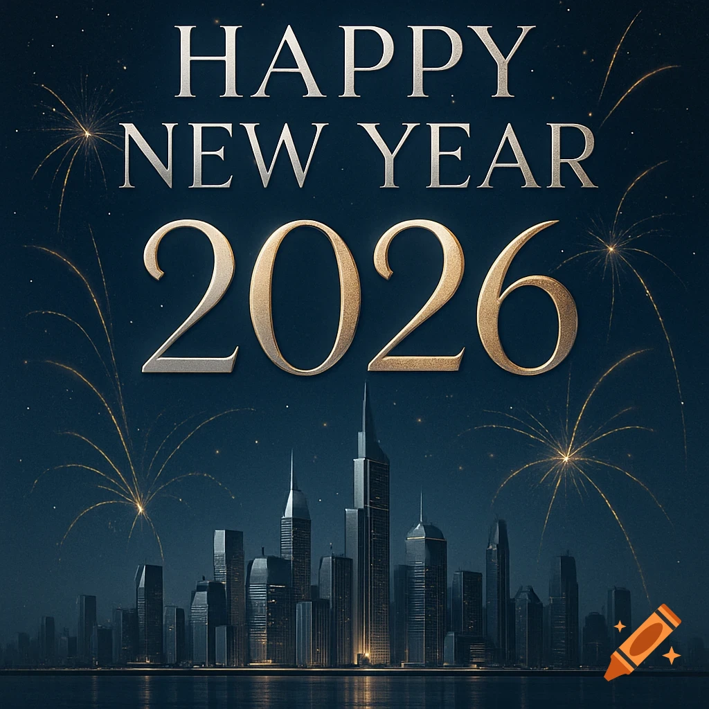Gold and silver "Happy New Year 2026" text above a dark cityscape with fireworks over water at night.