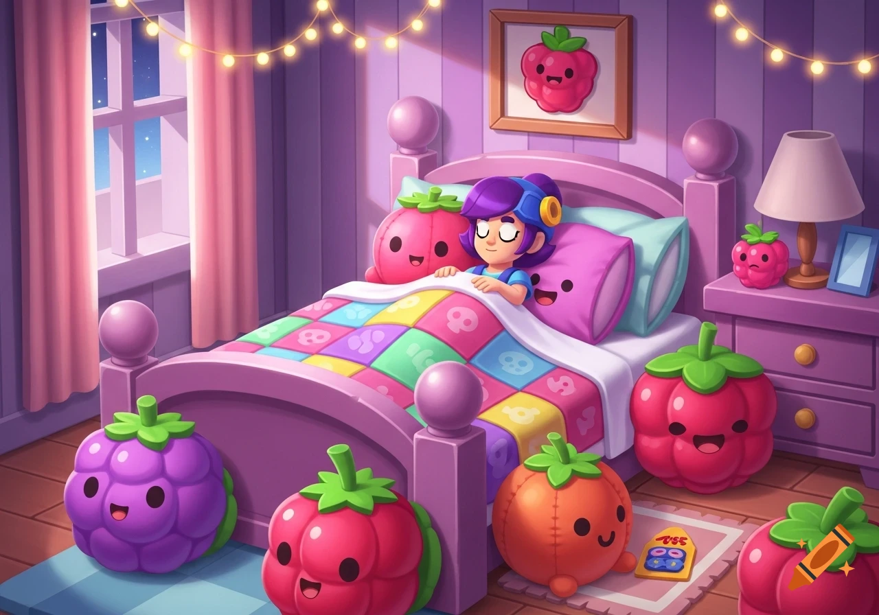 Cartoon character Shelly from Brawl Stars sleeping in a pink bed surrounded by fruit-shaped plushies in a cozy purple room.