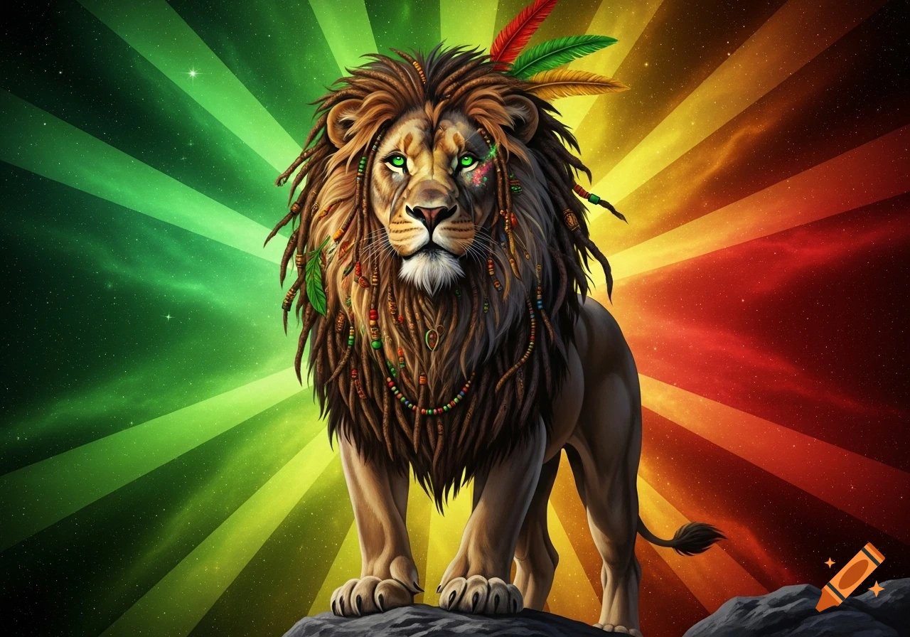 A stylized Rasta lion with dreadlocks and feathers stands on a rock against a vibrant green, yellow, and red radial background.