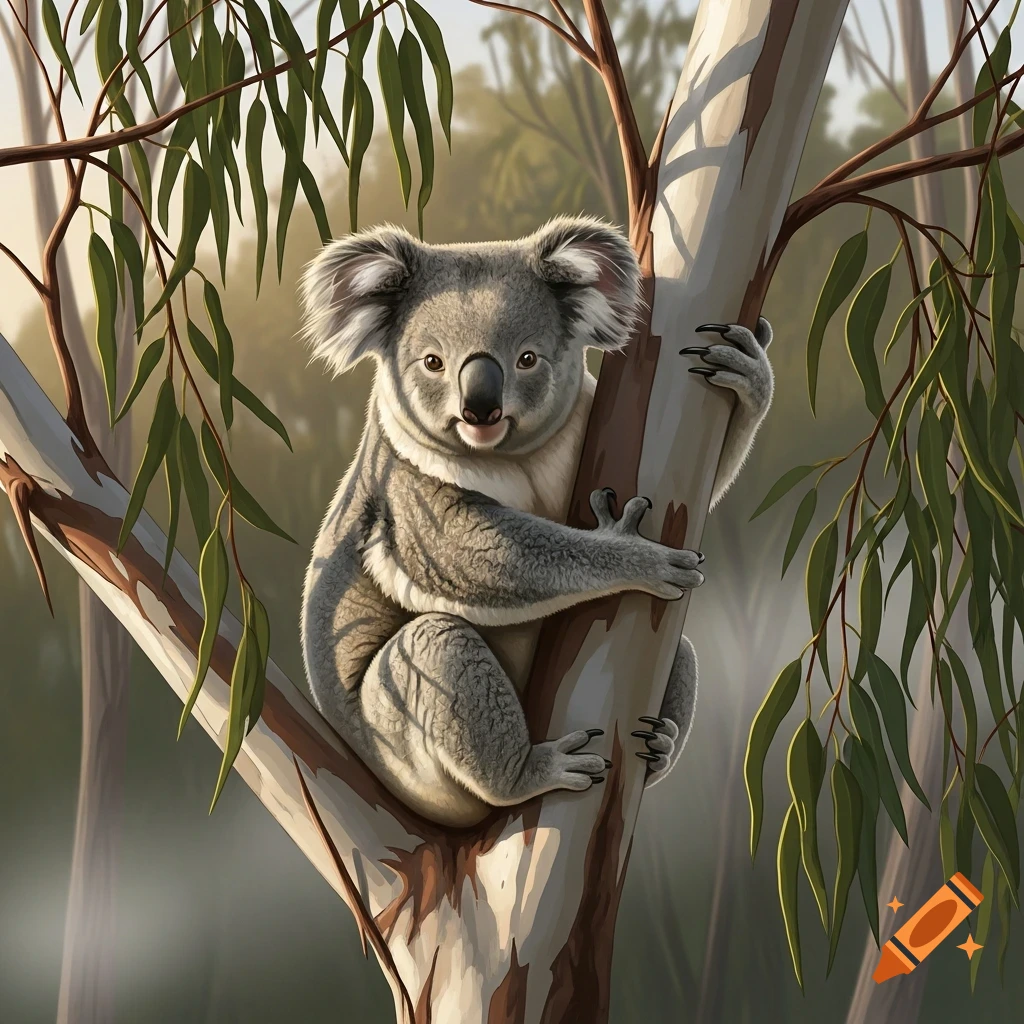 A fluffy koala with a black nose and big ears clutches onto the trunk of a eucalyptus tree in a sunny forest.
