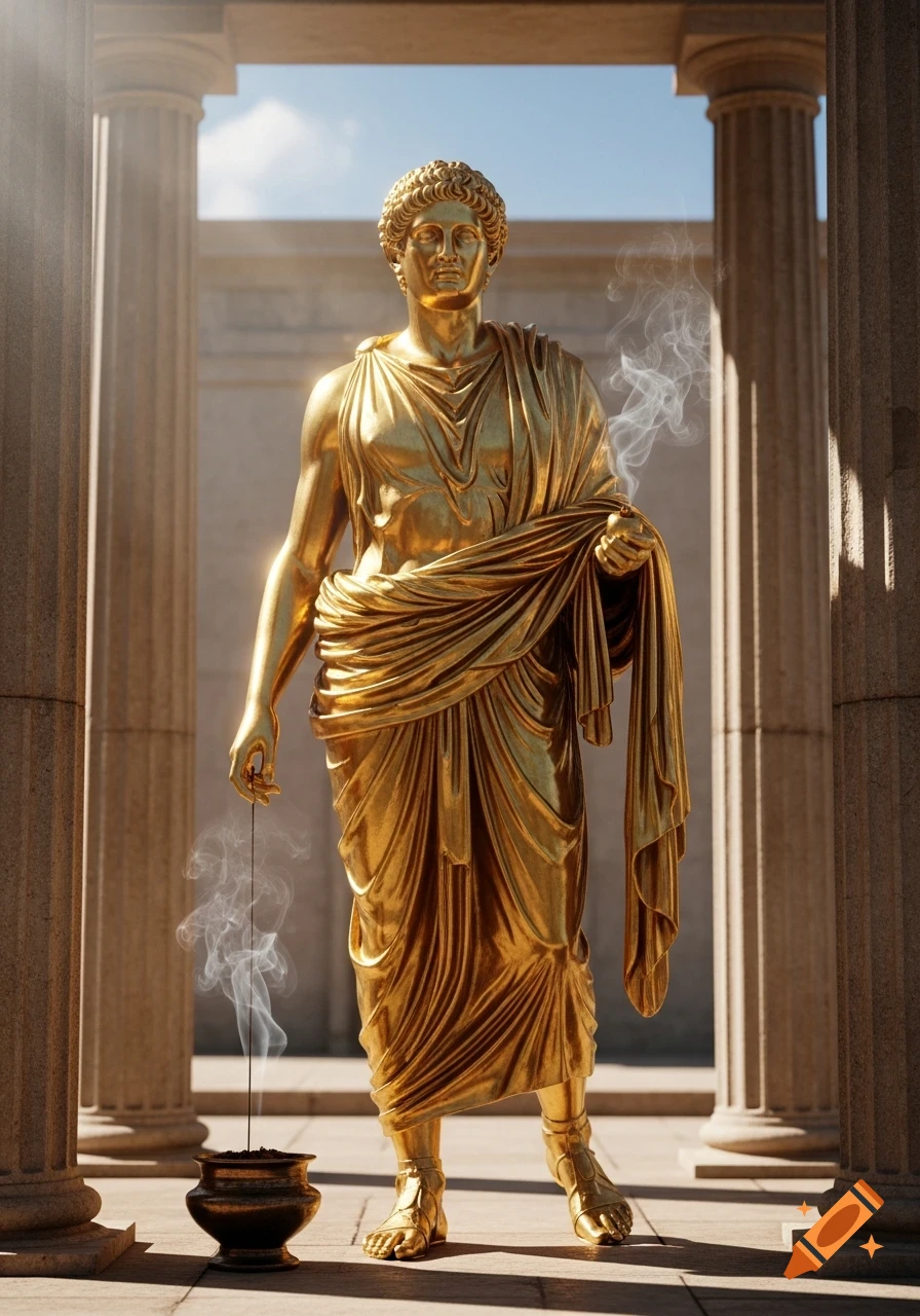Gilded classical statue of a figure in a toga, holding an incense stick with smoke, standing among temple columns.