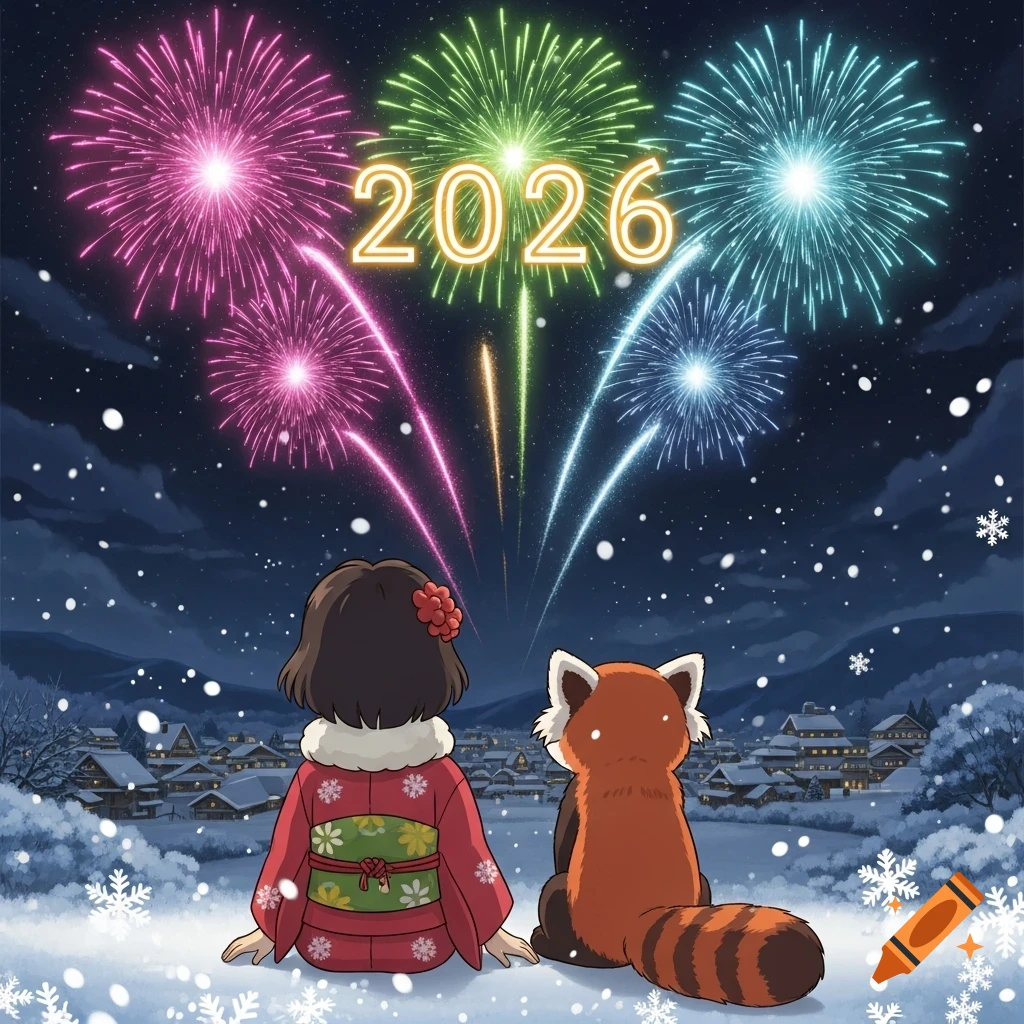 A cartoon girl and a red panda sit in the snow, watching colorful fireworks explode over a snowy village, with '2026' in the sky, in Studio Ghibli style.