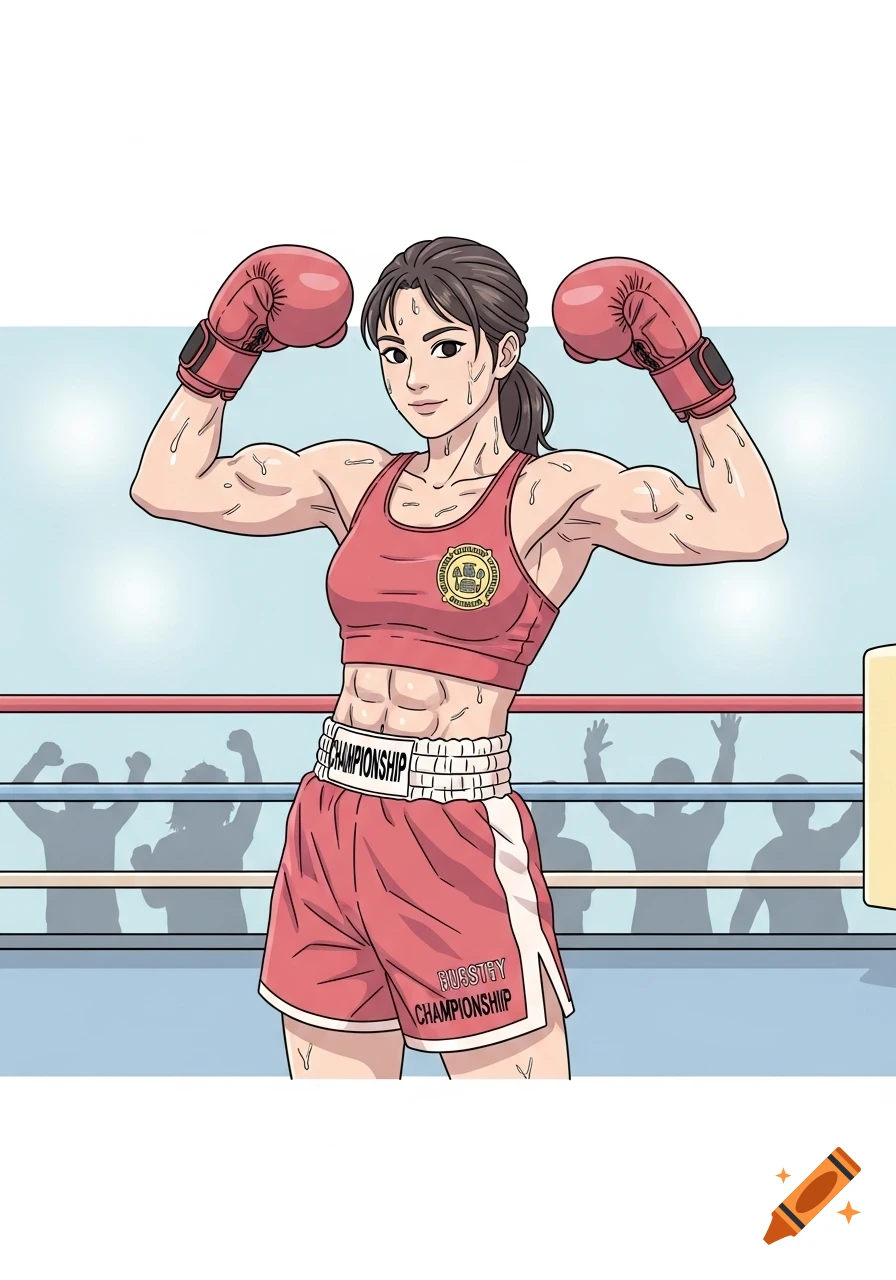 Anime-style illustration of a muscular female boxer in a ring, wearing red shorts and sports bra, flexing her arms to show muscles.