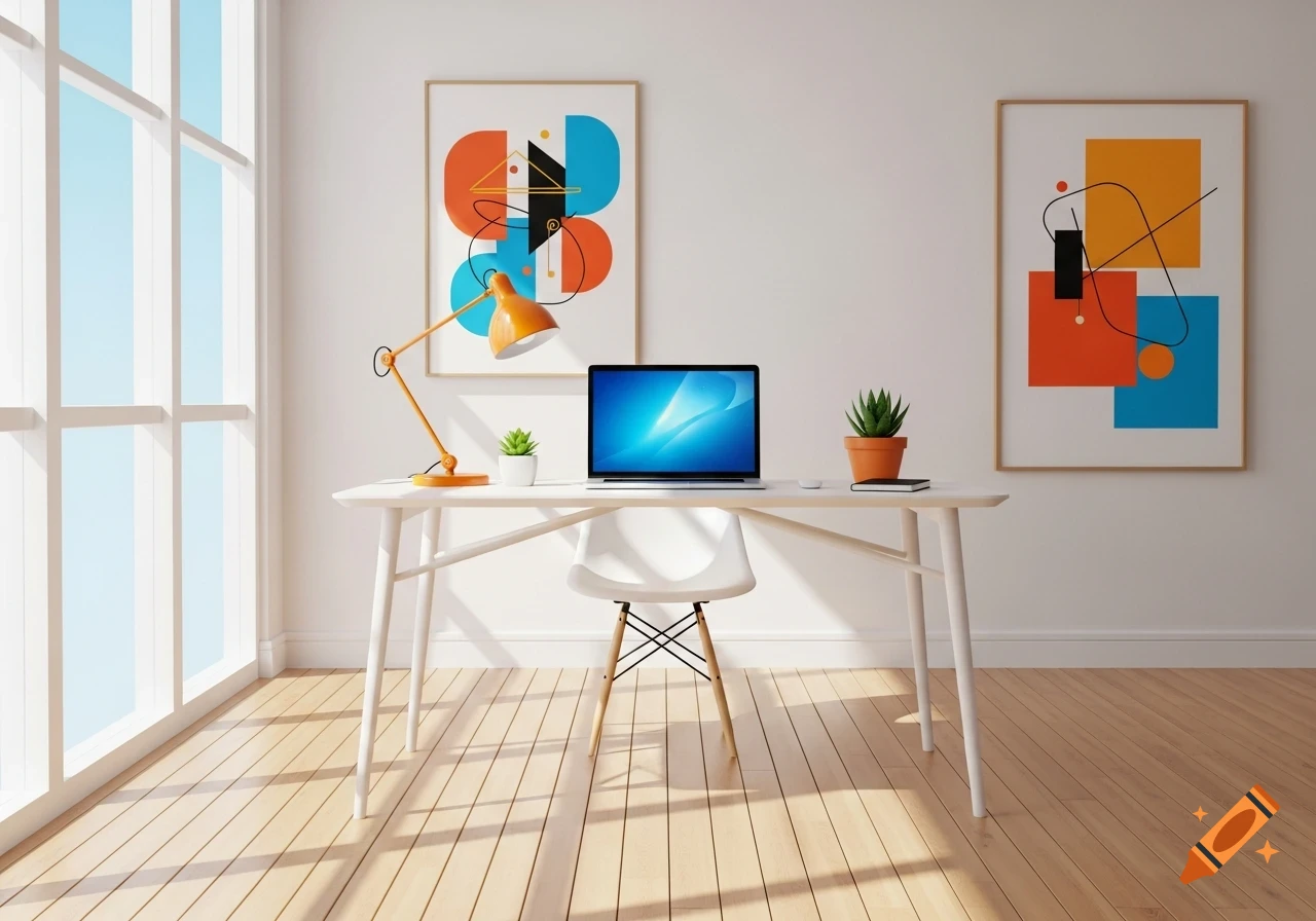 A minimalist white desk with a laptop, an orange lamp, and two small plants in a bright room with abstract art and a large window.