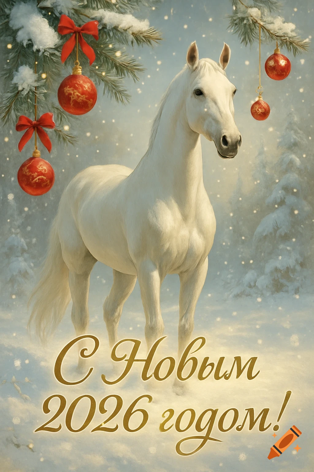 An elegant white horse in a snowy winter scene with red ornaments and "Happy New Year 2026" in Cyrillic, digital art.