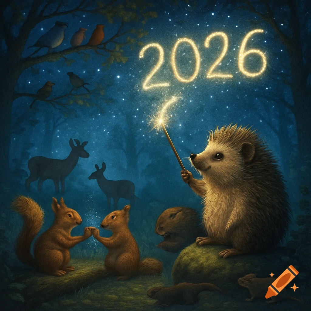 A magical night scene in a forest where a hedgehog writes '2026' in the starry sky with a wand, while squirrels clink acorn cups and other animals look on.