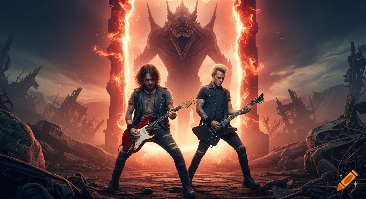 Two rock guitarists in a post-apocalyptic landscape with a menacing horned monster in a fiery portal behind them, in an ultra-realistic, cinematic style.