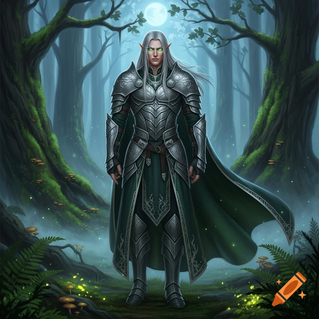 A male elf in ornate silver and green armor stands in a magical forest at night, under a full moon.