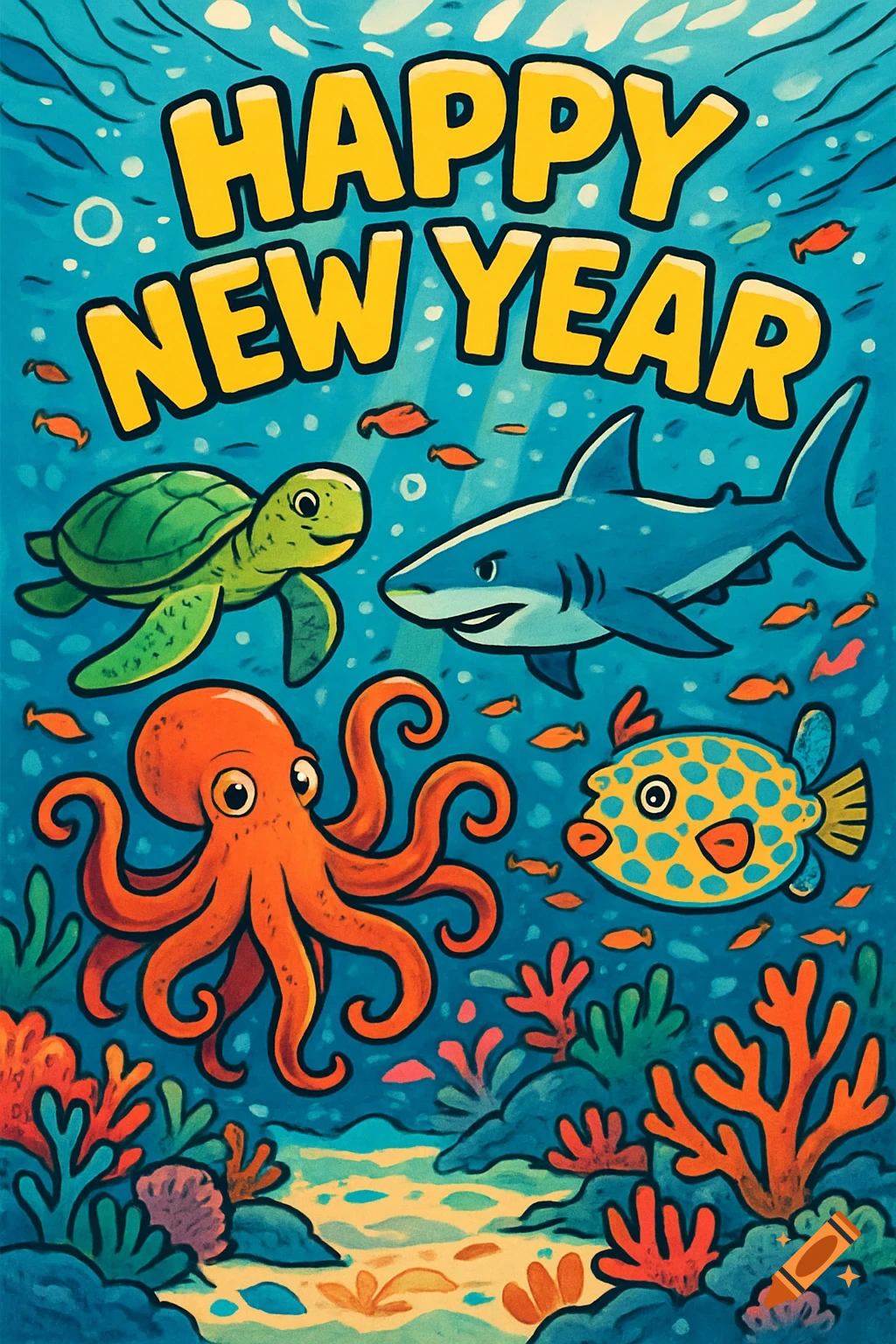 A colorful comic-style underwater scene with a turtle, shark, octopus, boxfish, and coral, with the text "HAPPY NEW YEAR" at the top.